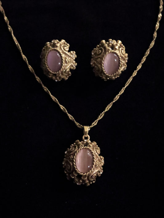 1953 Purple Cymophane Earring & Necklace Set